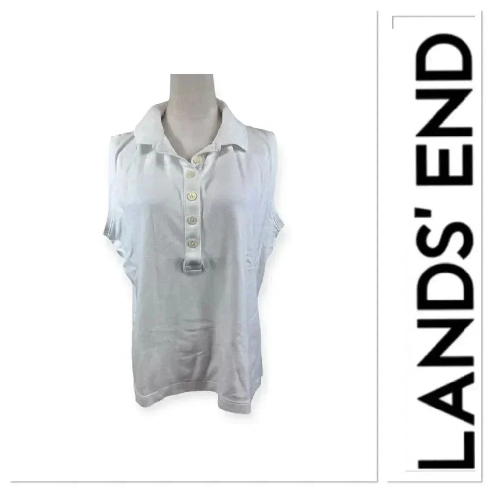 Lands End white sleeveless half button polo top size XL